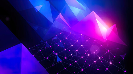 An abstract digital composition consisting of colorful triangular shapes connected by lines on a dark background, in vibrant neon shades of pink, blue and turquoise, giving it a futuristic look.