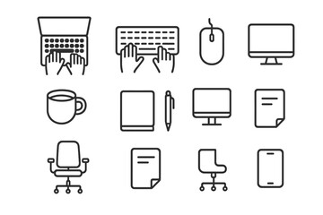 Office Icon Set. Hands on laptop keyboard. Line outline icon set of hands on laptop keyboard in the office:
