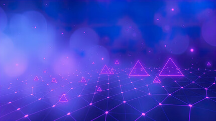 An abstract digital composition consisting of colorful triangular shapes connected by lines on a dark background, in vibrant neon shades of pink, blue and turquoise, giving it a futuristic look.