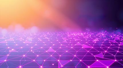 An abstract digital composition consisting of colorful triangular shapes connected by lines on a dark background, in vibrant neon shades of pink, blue and turquoise, giving it a futuristic look.