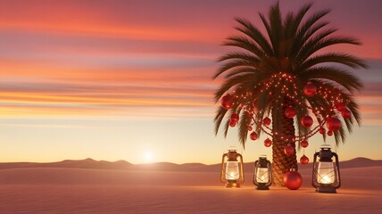 Festive Christmas palm tree in desert at sunset, decorated with lights, red ornaments, and cozy lanterns. Unique holiday aesthetics, warm background, happy new year, winter vibes.