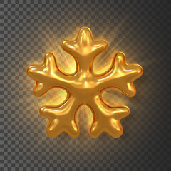Golden Snowflake Symbol With Shiny Light Effect On Transparent Background. Luxury Winter And Christmas Decoration Element For Festive Design. Vector Illustration