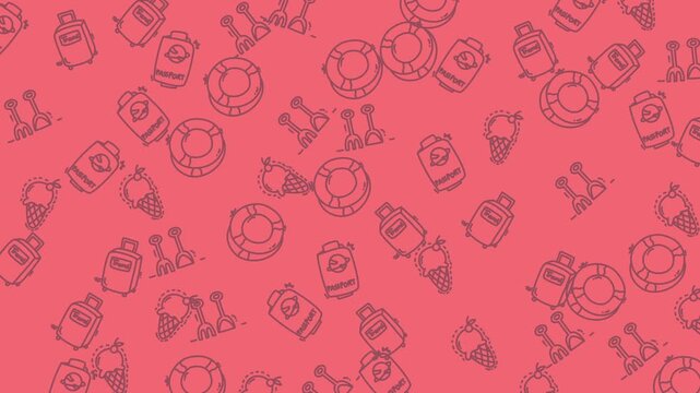 Abstract Pattern of Food and Drink Items on a Red Background.