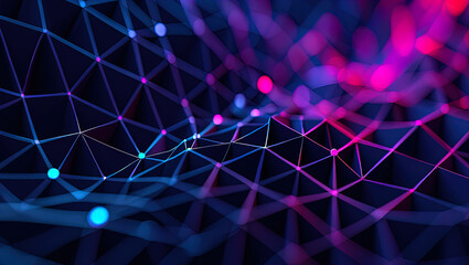 An abstract digital composition consisting of colorful triangular shapes connected by lines on a dark background, in vibrant neon shades of pink, blue and turquoise, giving it a futuristic look.