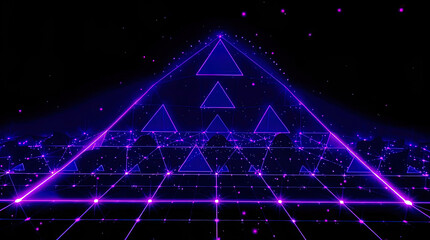 An abstract digital composition consisting of colorful triangular shapes connected by lines on a dark background, in vibrant neon shades of pink, blue and turquoise, giving it a futuristic look.