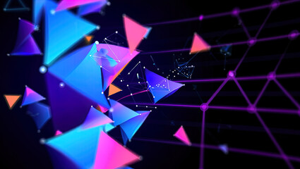 An abstract digital composition consisting of colorful triangular shapes connected by lines on a dark background, in vibrant neon shades of pink, blue and turquoise, giving it a futuristic look.