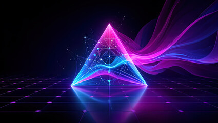An abstract digital composition consisting of colorful triangular shapes connected by lines on a dark background, in vibrant neon shades of pink, blue and turquoise, giving it a futuristic look.