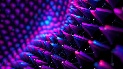 An abstract digital composition consisting of colorful triangular shapes connected by lines on a dark background, in vibrant neon shades of pink, blue and turquoise, giving it a futuristic look.