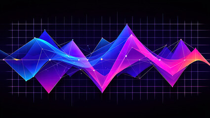 An abstract digital composition consisting of colorful triangular shapes connected by lines on a dark background, in vibrant neon shades of pink, blue and turquoise, giving it a futuristic look.