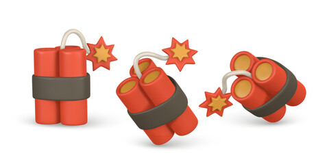 Explosive Dynamite Sticks With Burning Fuse And Cartoon Star Sparks In 3D Style. Fun Toy Like Red Bomb Icon For Game, App, Or Animation Design. Vector Illustration