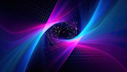 An abstract digital composition consisting of colorful triangular shapes connected by lines on a dark background, in vibrant neon shades of pink, blue and turquoise, giving it a futuristic look.