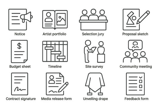 Public Art Icons. Public Art Curation. Line icon set of Public Art Curation: open call notice, artist portfolio, selection jury, proposal sketch, budget sheet,