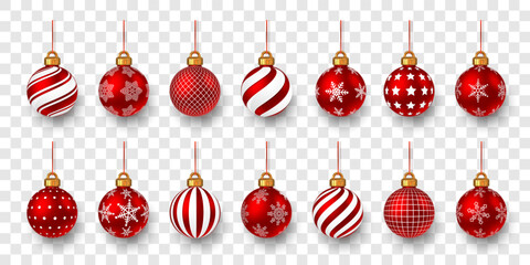 Obraz na płótnie Canvas Red Christmas Balls Set With Decorative Patterns And Gold Caps On Transparent Background. Festive Winter Holiday Ornament Collection For Design And Decoration. Vector Illustration