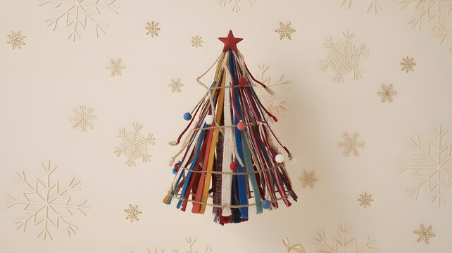 Cozy handmade fabric Christmas tree, colorful ribbons, red star, festive snowflake background, winter holiday aesthetic, happy new year, warm backdrop, joyful seasonal decor, unique style - Powered by Adobe
