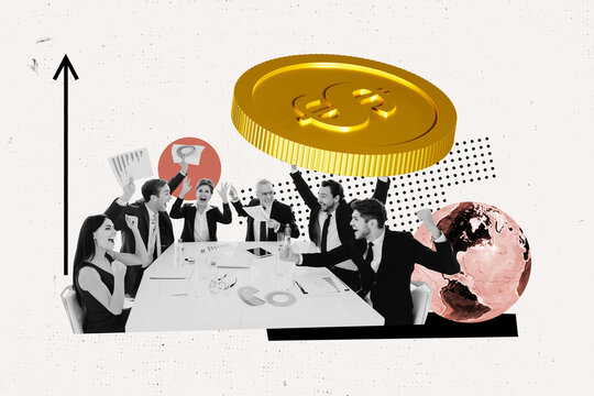 Sketch template 3D photo collage of corporate team man lady meeting success money coin budget finance income career startup money world
