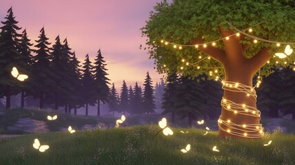 Enchanted forest with glowing butterflies, illuminated tree, string lights, magical twilight, dreamy aesthetic, cozy nature background, festive, peaceful scene