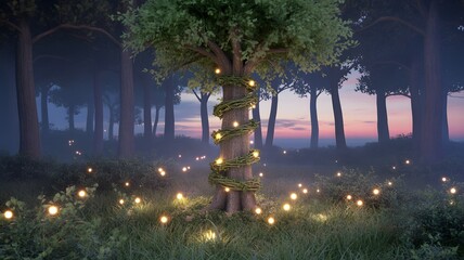 Magical forest scene with glowing lights wrapped around an enchanted tree, serene evening ambiance, fantasy landscape, mystical backdrop, dreamy aesthetics, cozy wallpaper, natural beauty.