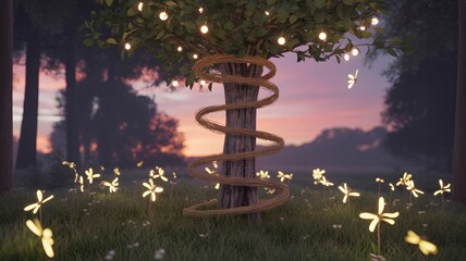 Magical forest scene at sunset with an enchanted tree wrapped in glowing lights, a dreamy meadow of firefly-like flowers, creating a serene, fantasy aesthetic, cozy nature background.