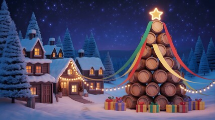Cozy winter Christmas village with a unique barrel Christmas tree, snowy houses, warm lights, and festive gifts under a starry night sky, perfect holiday background.