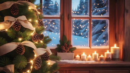 Cozy Christmas tree, festive lights, pinecones, natural bows, warm candles, snowy window view, winter holiday aesthetics, cheerful background, peaceful mood, happy new year, wallpaper, festive deco