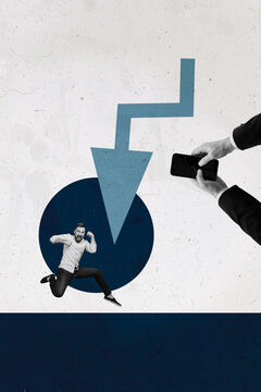 Collage with person observing rising arrow symbolizing startup growth business income statistics trading decrease increase