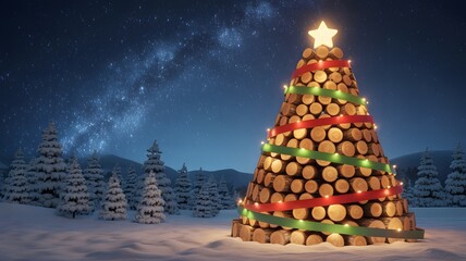 Unique log Christmas tree, red/green ribbons, string lights, glowing star, snowy winter night, starry sky, peaceful holiday, cozy aesthetic, magical atmosphere, festive backdrop, happy new year.