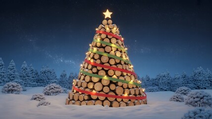 Cozy log Christmas tree with warm lights, red & green ribbons, glowing star, set in a snowy winter night landscape under a starry sky. Perfect festive background, holiday aesthetics, happy new year