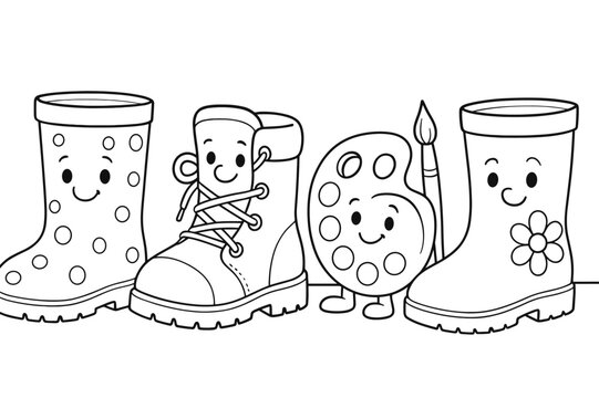 Children's Boot Lineup. Boot collection children?s coloring book illustration, outlined drawing, friendly