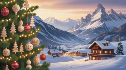 Cozy Christmas tree, snowy alpine village, majestic mountains, festive winter holiday background, charming aesthetic, peaceful serene scene, warm glow