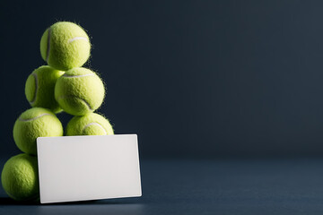 A playful stack of tennis balls on a muted backdrop, paired with a blank white card. Perfect for tennis enthusiasts, fitness themes, or custom messages. Great visual appeal!