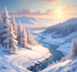 Panoramic winter landscape showing a winding frozen river