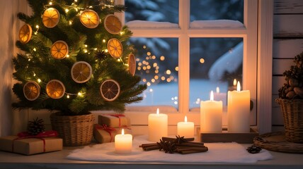 Cozy Christmas scene with decorated tree, festive lights, warm candles, and snowy window view, perfect winter holiday aesthetics, background, backdrop, happy new year ambiance.