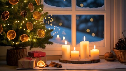Cozy Christmas scene, festive tree, glowing candles, rustic gifts, snowy window, winter aesthetic, warm holiday mood, peaceful ambiance, beautiful background, tranquil evening, celebration.