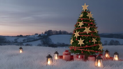 Festive Christmas tree with golden stars, red ribbons, and gifts in a snowy winter landscape at dusk. Cozy lanterns illuminate the serene scene, perfect for holiday greetings, winter aesthetics, an