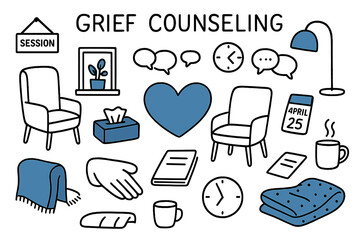 Grief Counseling Session. // Grief counseling. Hand-drawn doodle illustration Grief counseling [therapist chair (accented), client chair, tissue box