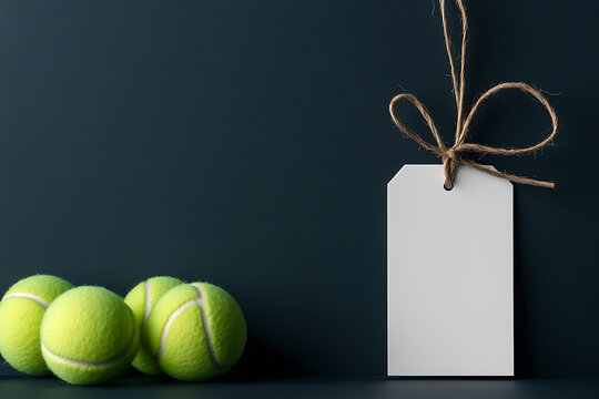Stylish still life featuring tennis balls & a blank tag against a moody dark background. Perfect for sports-themed promotions, sales, or event announcements. #Tennis #SaleTag