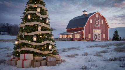 Festive Christmas tree with glowing lanterns, burlap ribbon, presents in fresh snow, cozy red barn with charming holiday lights, winter wonderland backdrop, happy new year, rustic aesthetics.