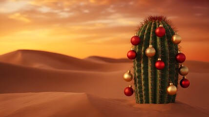 Festive desert Christmas scene, a unique saguaro cactus adorned with vibrant red and gold ornaments, glowing under a warm, dramatic sunset sky. Ideal holiday background, cozy aesthetic, and Christm