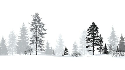 Naklejka premium Misty winter forest landscape with tall pine trees silhouetted against white fog, creating a serene and atmospheric snowy scene.
