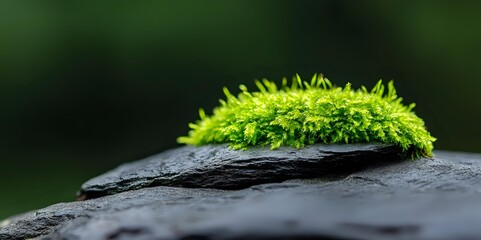 Fototapeta premium Vibrant green moss growing on dark wet stone with blurred forest background, creating natural contrast in zen-like composition.