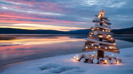 Charming driftwood Christmas tree with festive lights, shells, snowy shore, tranquil winter holiday scene, beautiful sunset glow, colorful sky, peaceful water reflection, cozy aesthetics, new year 