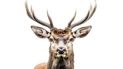 Fototapeta premium Majestic red deer stag head portrait with large antlers isolated on white background, close up view of wild animal face showing detailed features and expression.