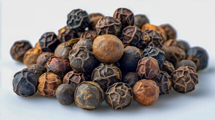 Close-up view of a variety of dried whole peppercorns showcasing rich textures and deep earthy tones on a clean white background for culinary use
