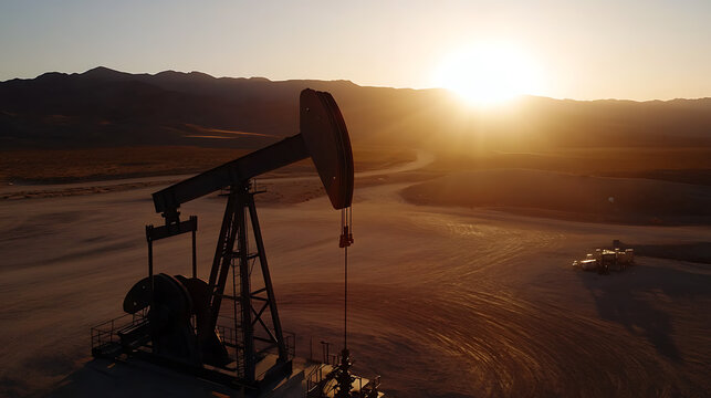 Oil Pumpjack at Sunset:  A pumpjack silhouetted against a desert sunset, mountains far away and a service vehicle parked to the side. Peaceful and hard at work. - Powered by Adobe