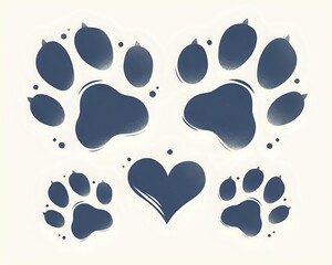 Fototapeta premium Navy blue dog or cat paw prints with heart shape on beige background, isolated design element for pet-related projects and merchandise.