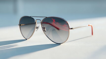 Classic aviator sunglasses with gradient gray lenses and silver metal frame casting soft shadow on white surface in natural daylight, red temple tips add stylish accent.