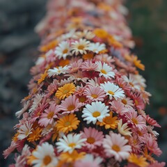A close-up of pink, white, and orange daisies arranged in a natural curve, softly focused with a dreamy and colorful aesthetic.