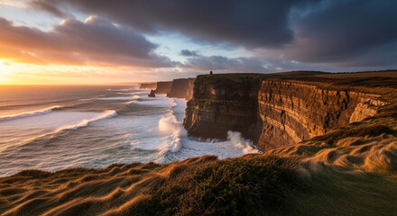 Cliffs of moher at sunset a popular tourist destination in county clare ireland
