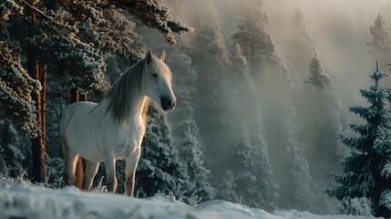Majestic white horse standing in snowy winter forest with sunbeams filtering through misty pine trees at dawn.