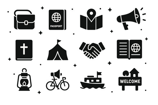 Missionary Icon Set. Missionaries and evangelism. Solid icons set of missionaries and evangelism: travel satchel, passport, map with pin, loudspeaker, gospel